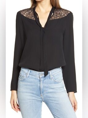 Theory Black Lace Yoke Tie-Neck Long Sleeve Blouse Size L NWT